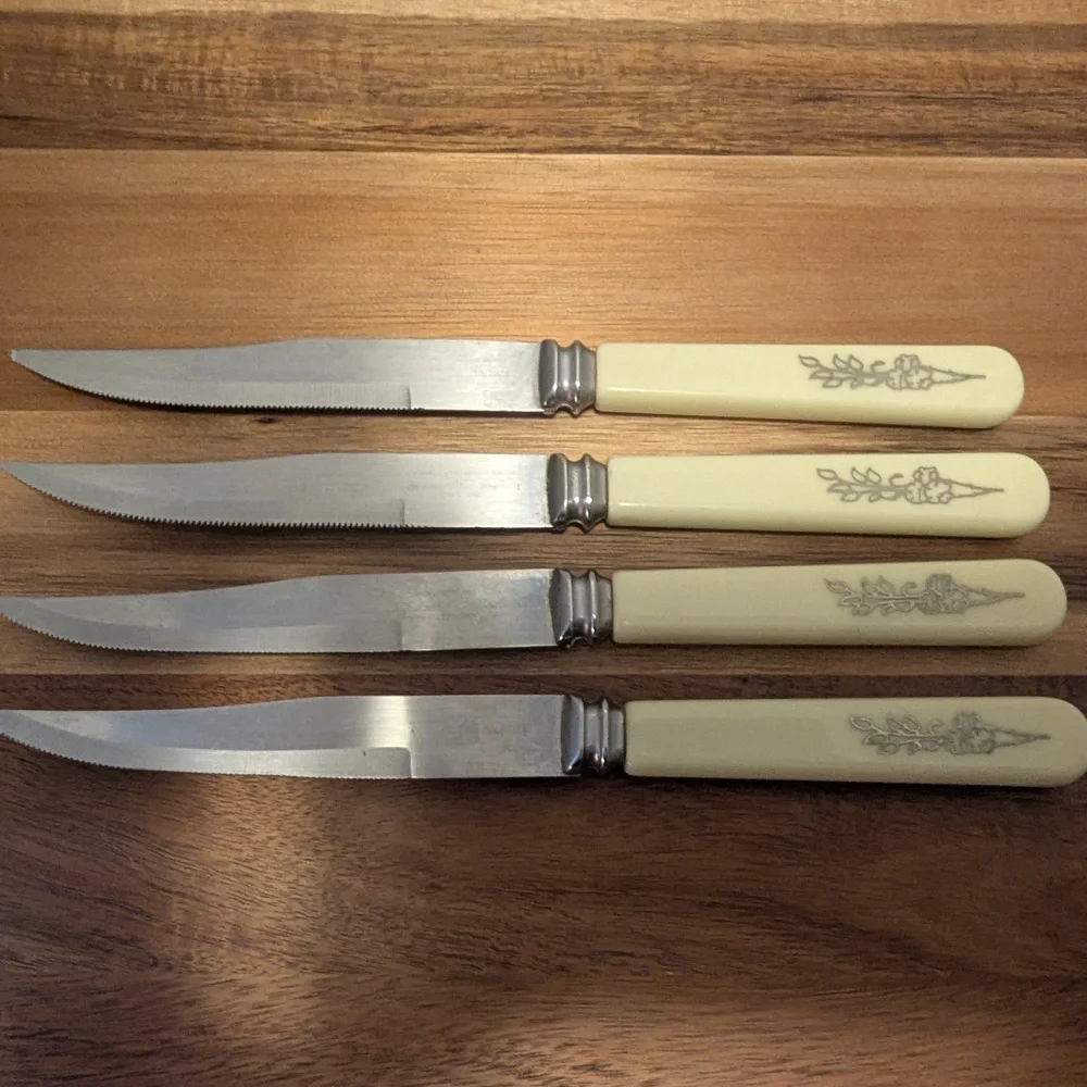 Vintage Regent Sheffield Ivory Floral Handle Steak Knives- Set Of 4